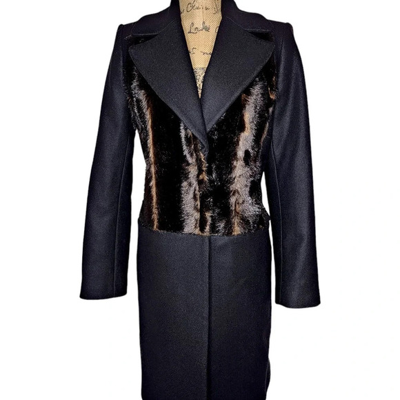 Zara Womens Faux Fur Wool Long Peacoat Trenchcoat Size Small Black - Picture 1 of 16